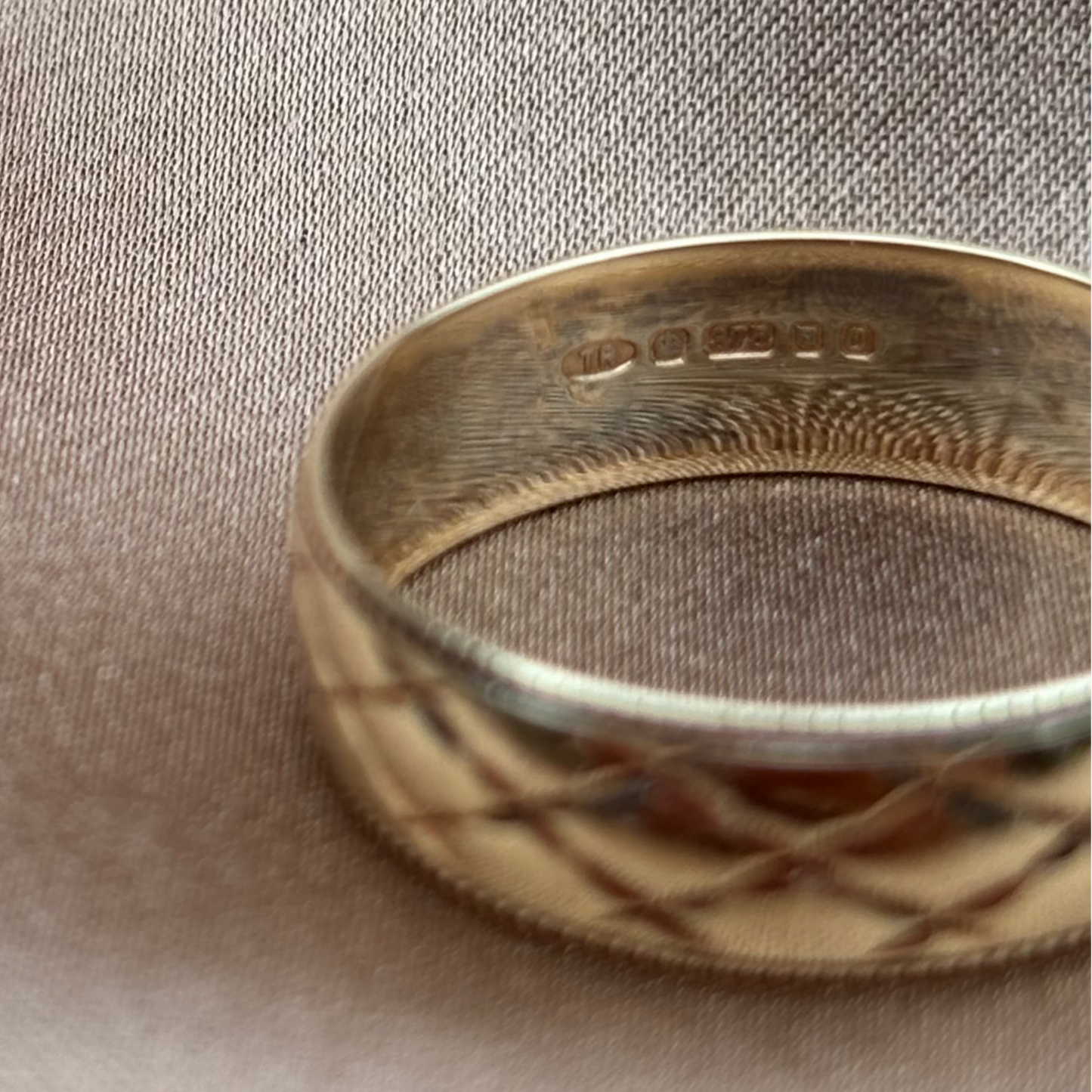Mens 9ct Gold Ring with wide florentine finish cross hatch and milgrain edge details