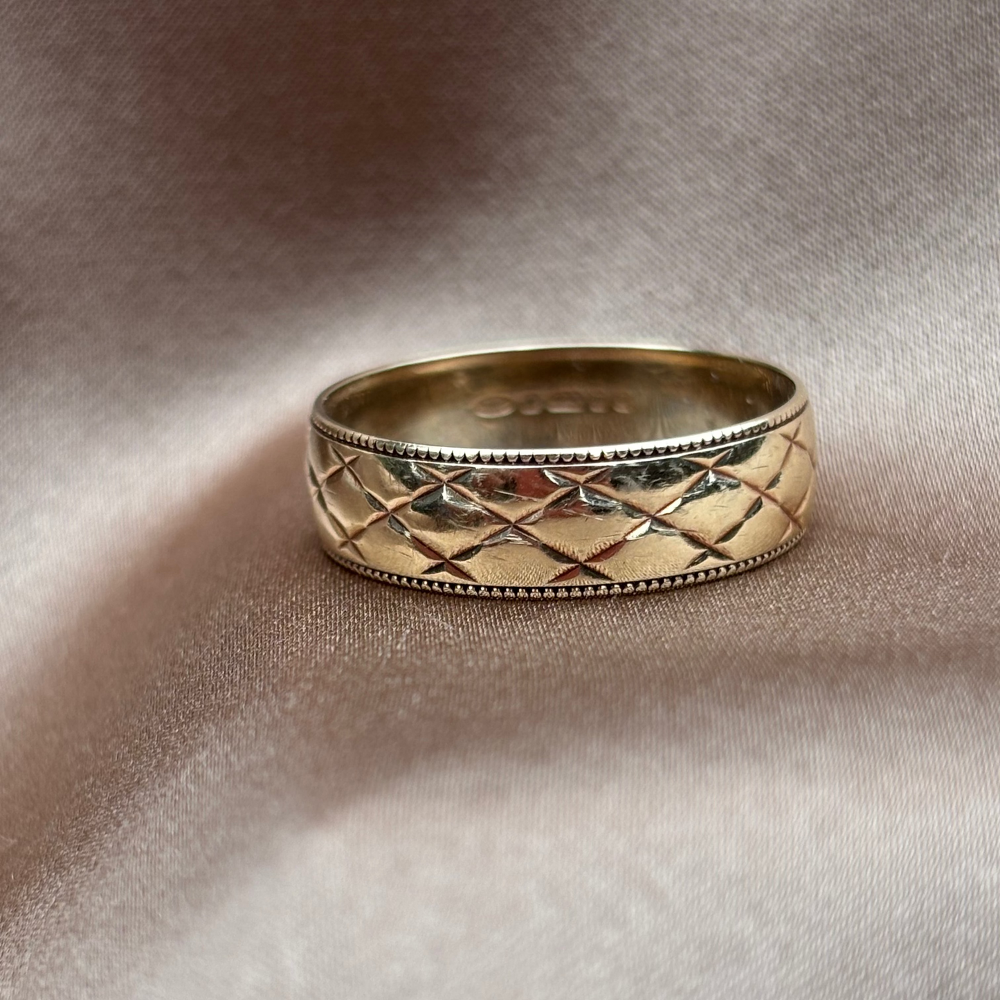 Mens 9ct Gold Ring with wide florentine finish cross hatch and milgrain edge details