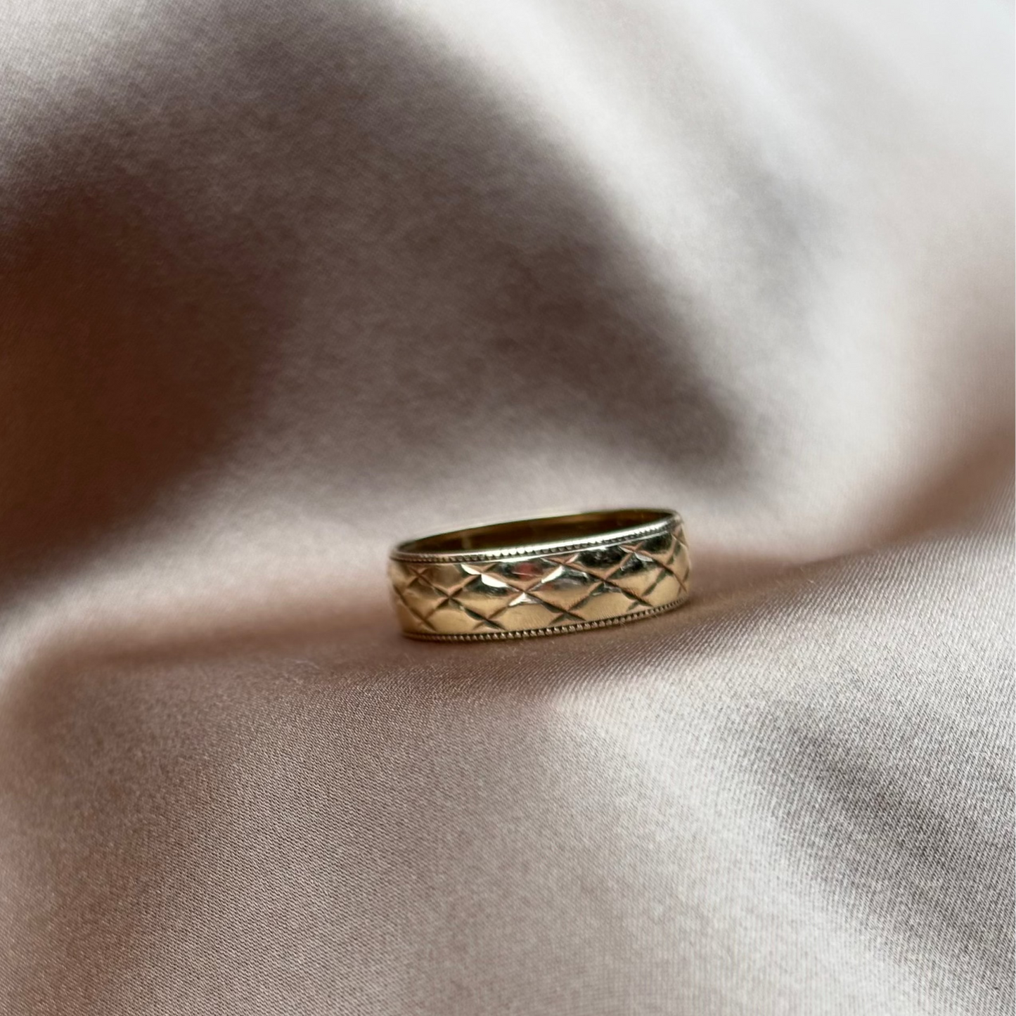 Mens 9ct Gold Ring with wide florentine finish cross hatch and milgrain edge details