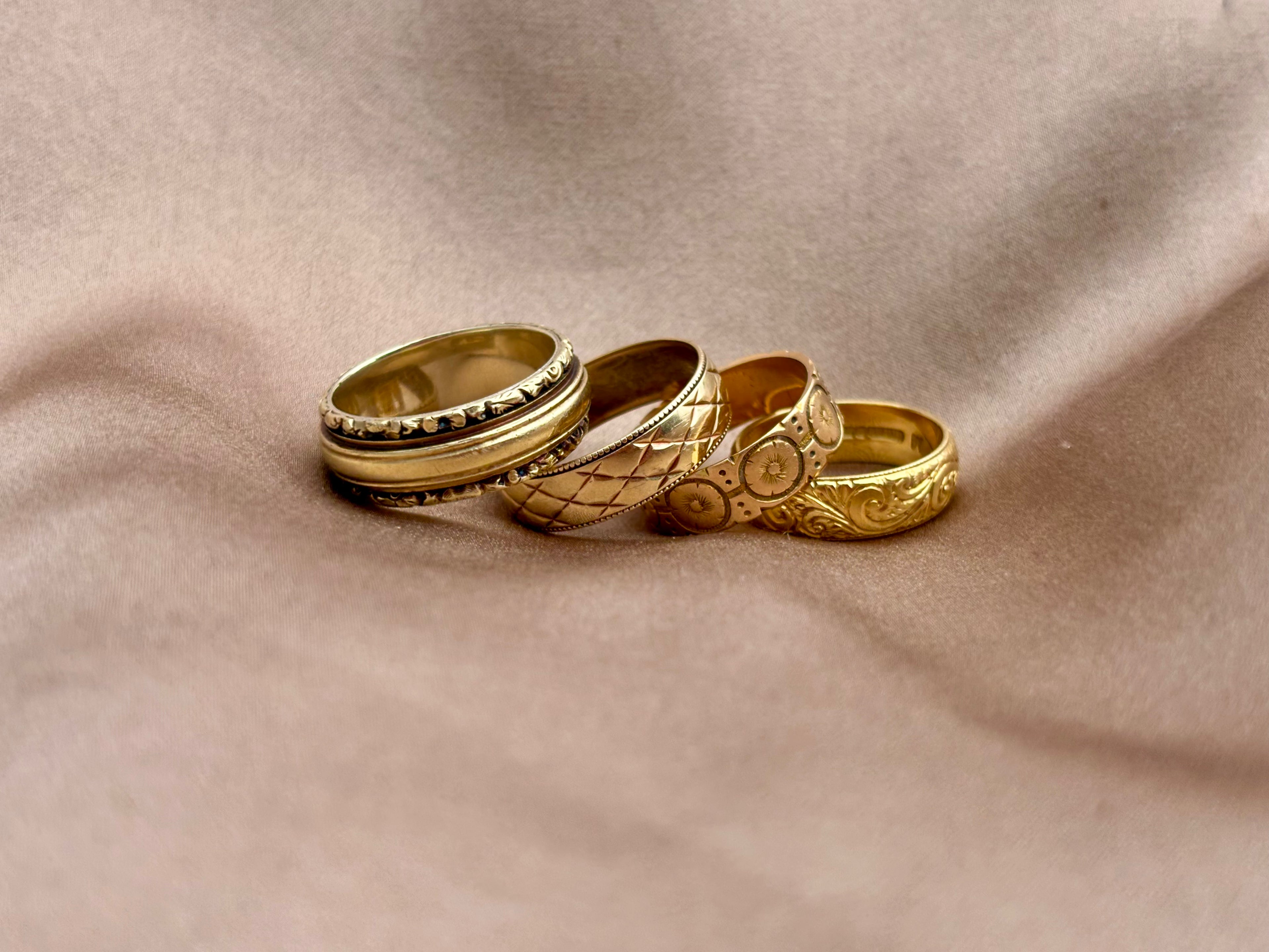 engraved posy and wedding band stack antique rings