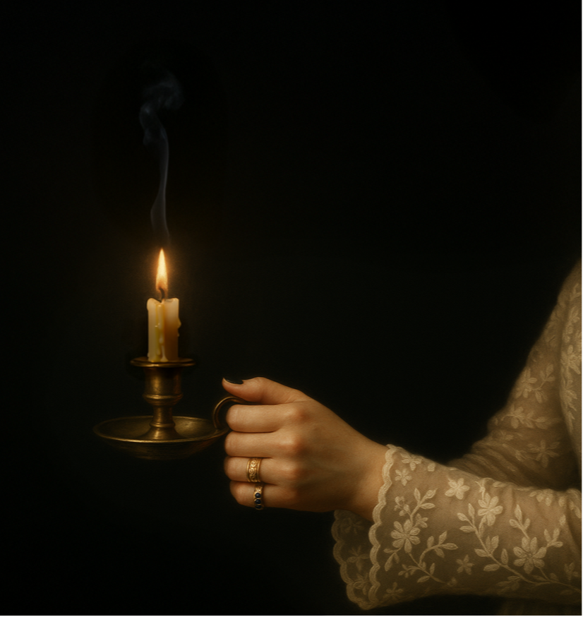 Hand holding a lit candle in a dark setting wearing vintage gold rings