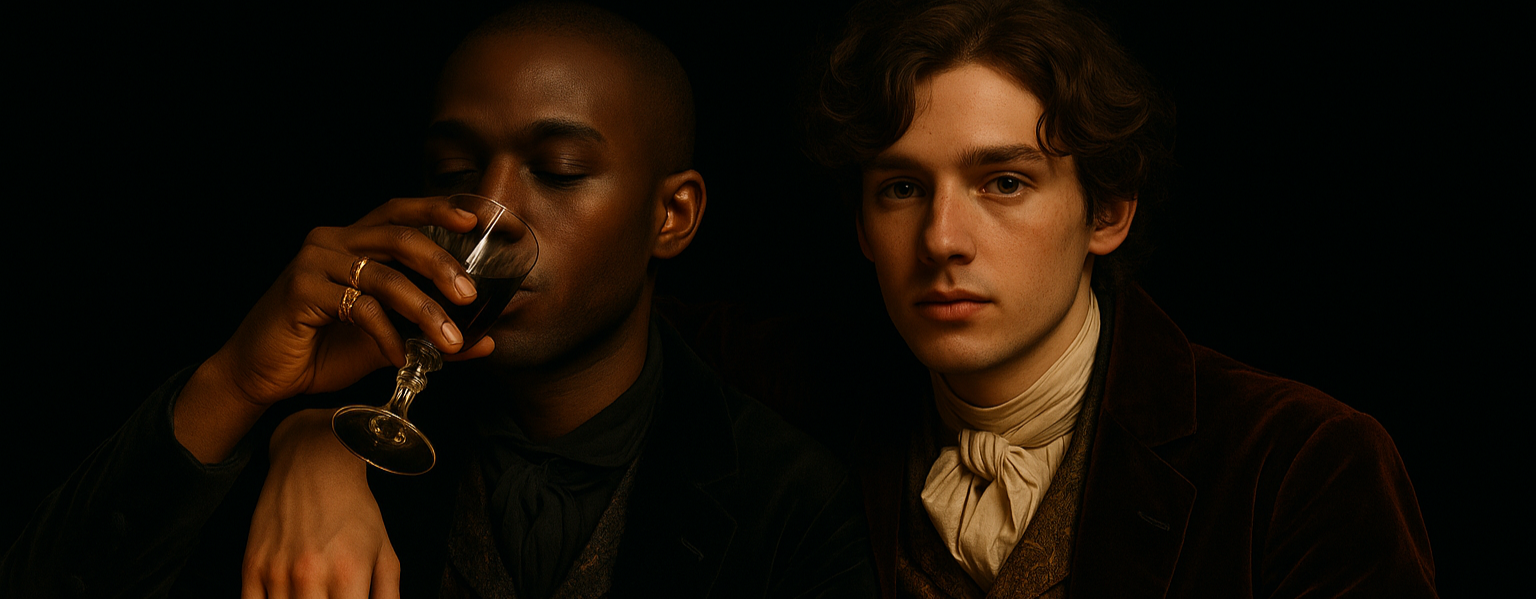 Two men in formal attire with one drinking from a wine glass against a dark background with gold antique rings on