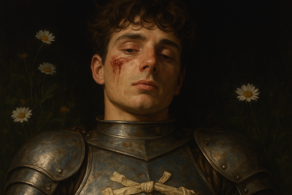 Man in armor with a ring, surrounded by flowers on a dark background