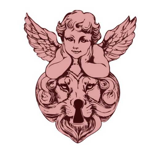 Illustration of a cherub with wings and a wolf's head on a white background