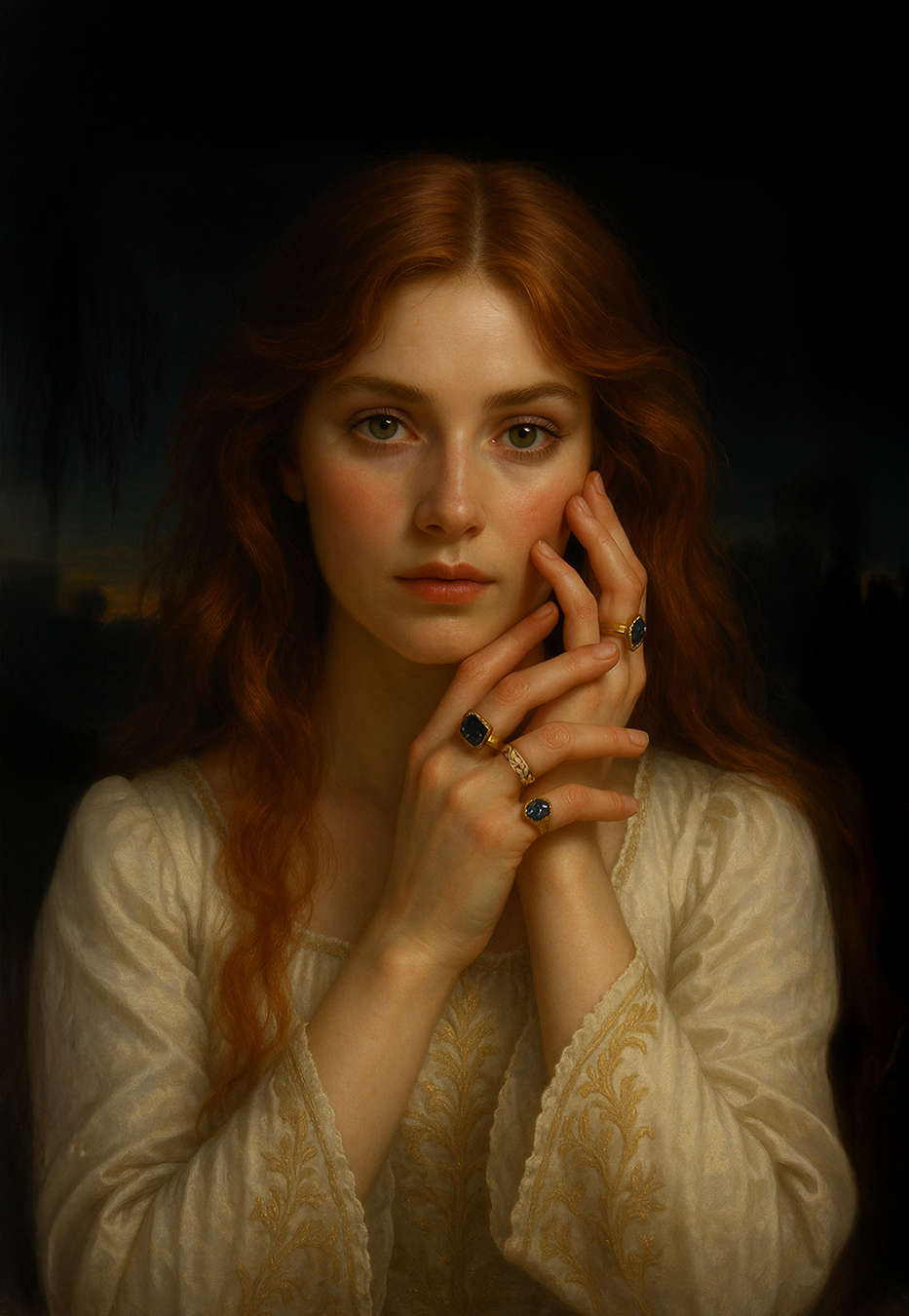 Portrait of a woman with red hair and jewelry, wearing a white garment. with antique jewellery 