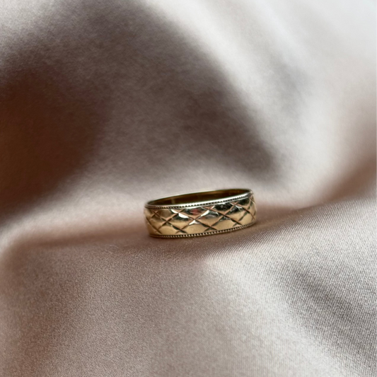 Mens 9ct Gold Ring with wide florentine finish cross hatch and milgrain edge details