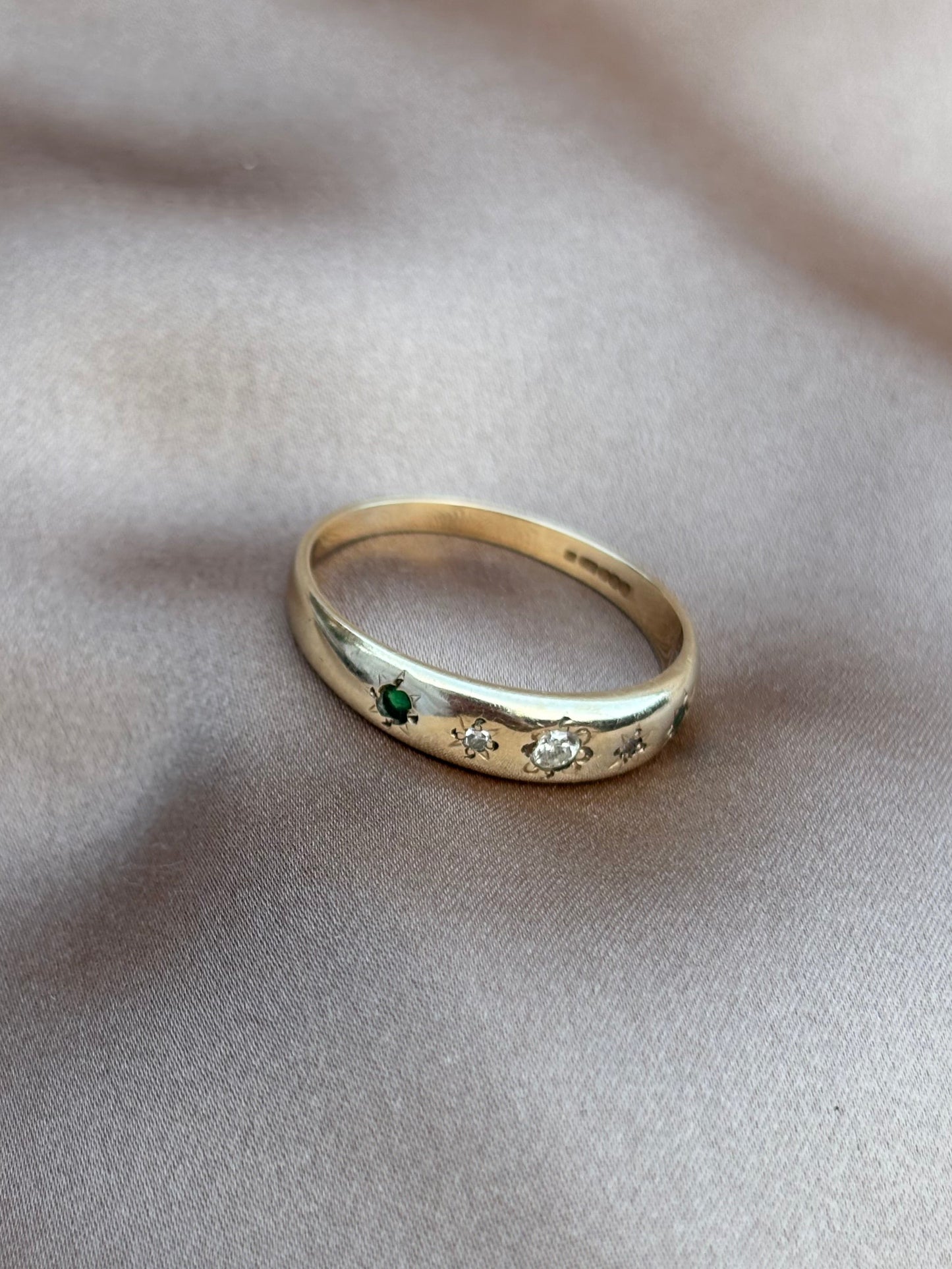 9ct Gold Five stone  Diamond and Emerald Gypsy ring