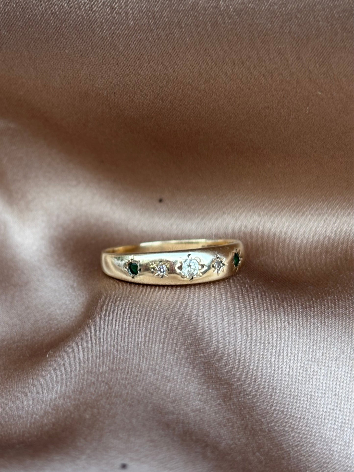 9ct Gold Five stone  Diamond and Emerald Gypsy ring