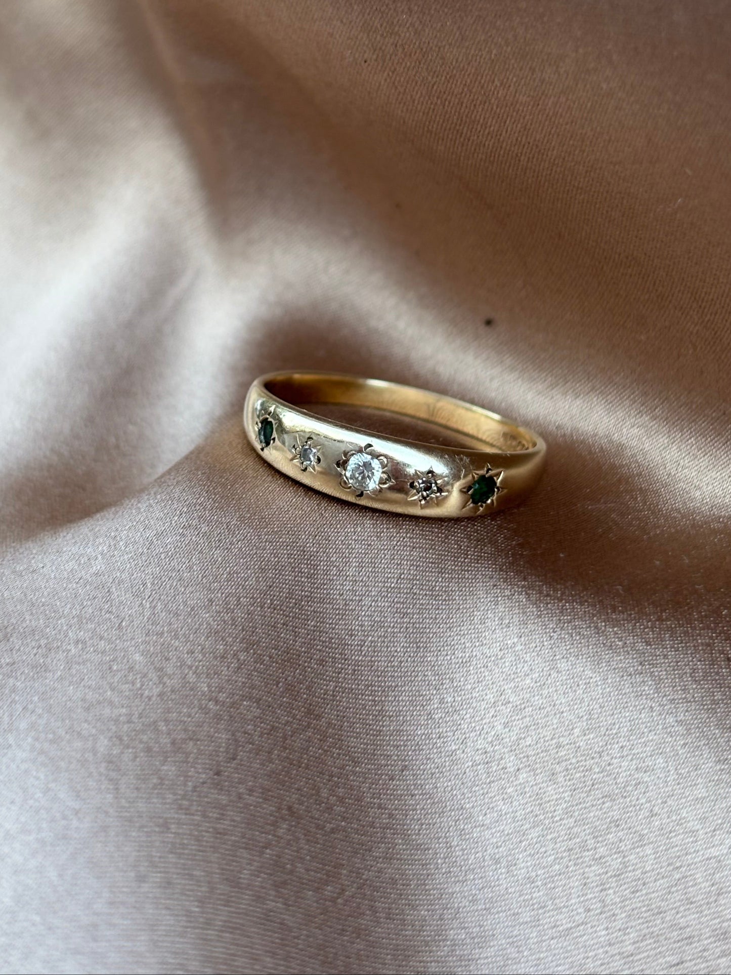 9ct Gold Five stone  Diamond and Emerald Gypsy ring