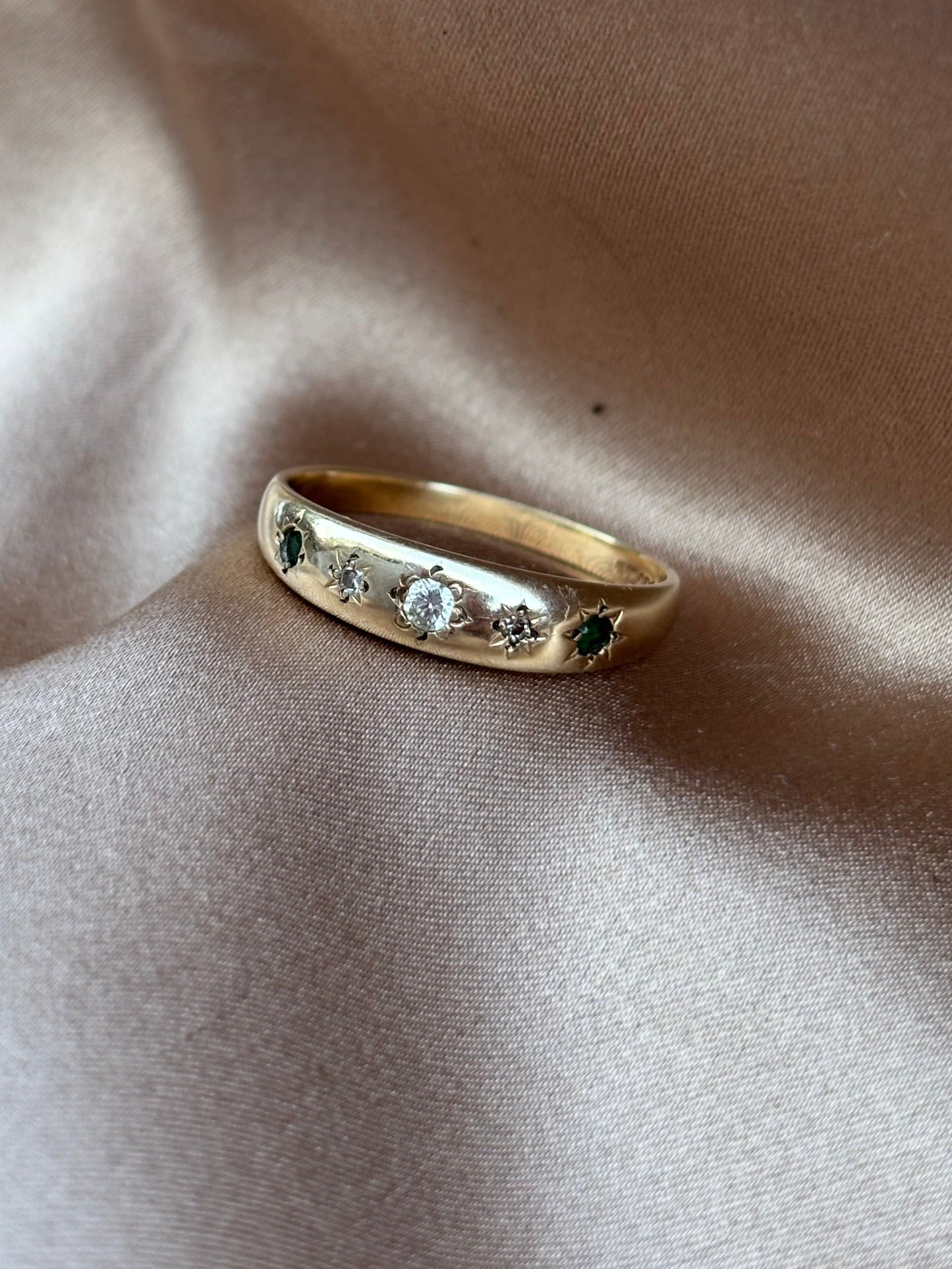 9ct Gold Five stone  Diamond and Emerald Gypsy ring