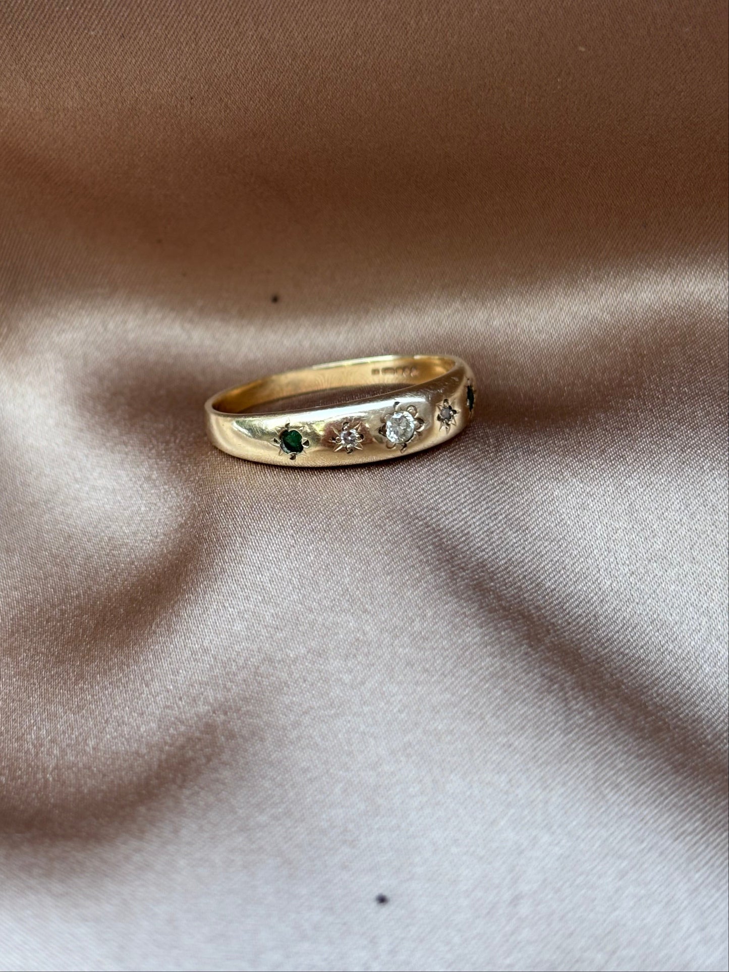 9ct Gold Five stone  Diamond and Emerald Gypsy ring