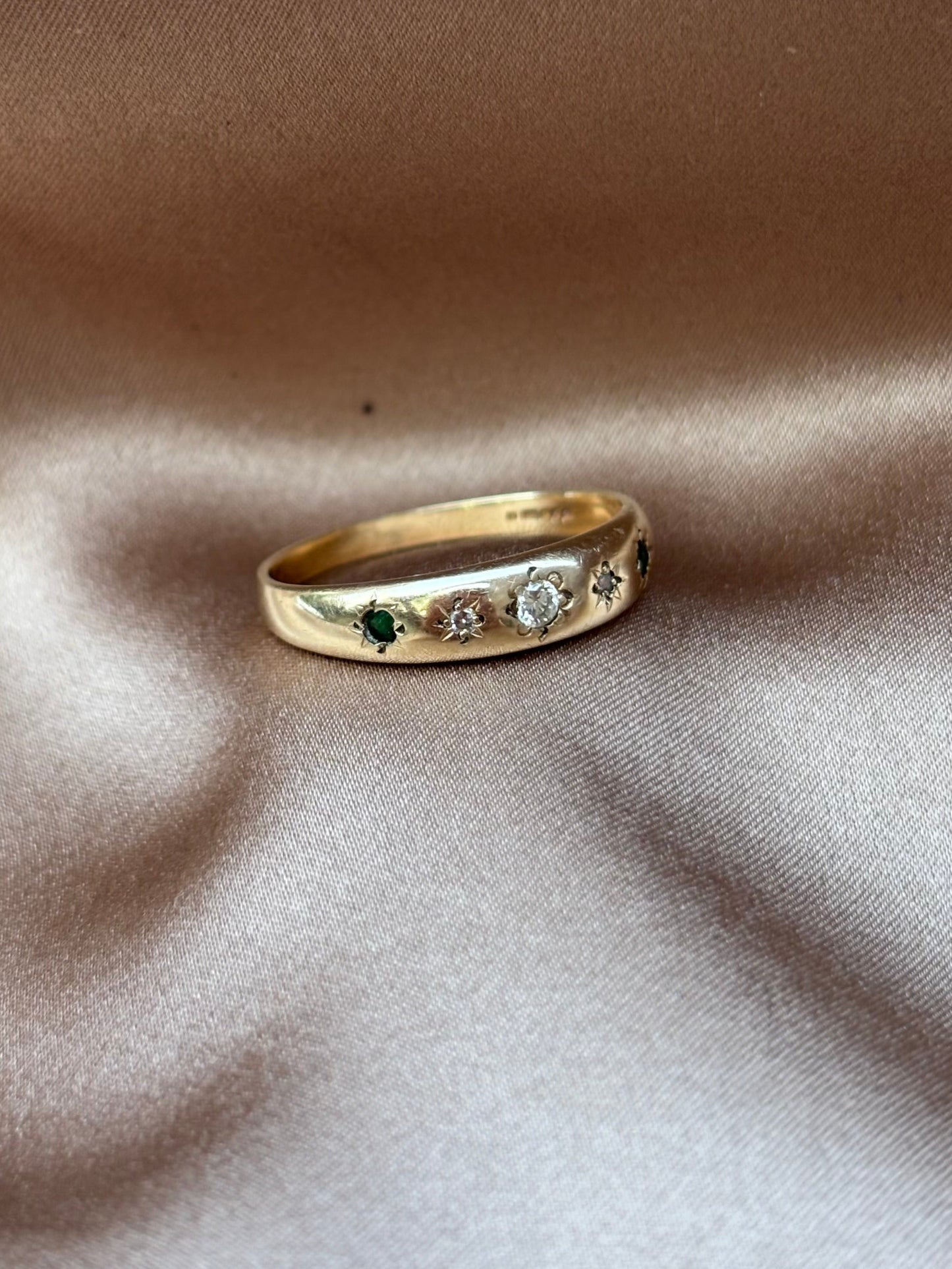 9ct Gold Five stone  Diamond and Emerald Gypsy ring