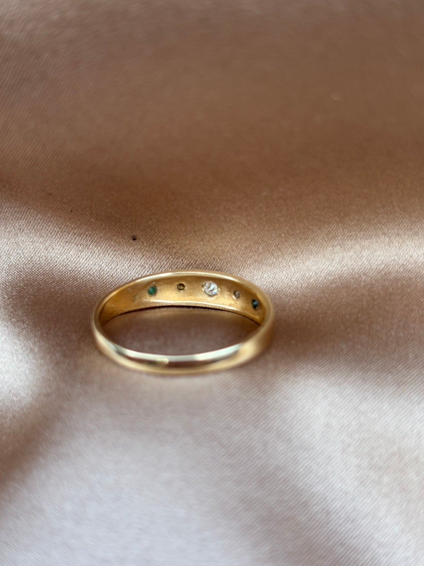 9ct Gold Five stone  Diamond and Emerald Gypsy ring