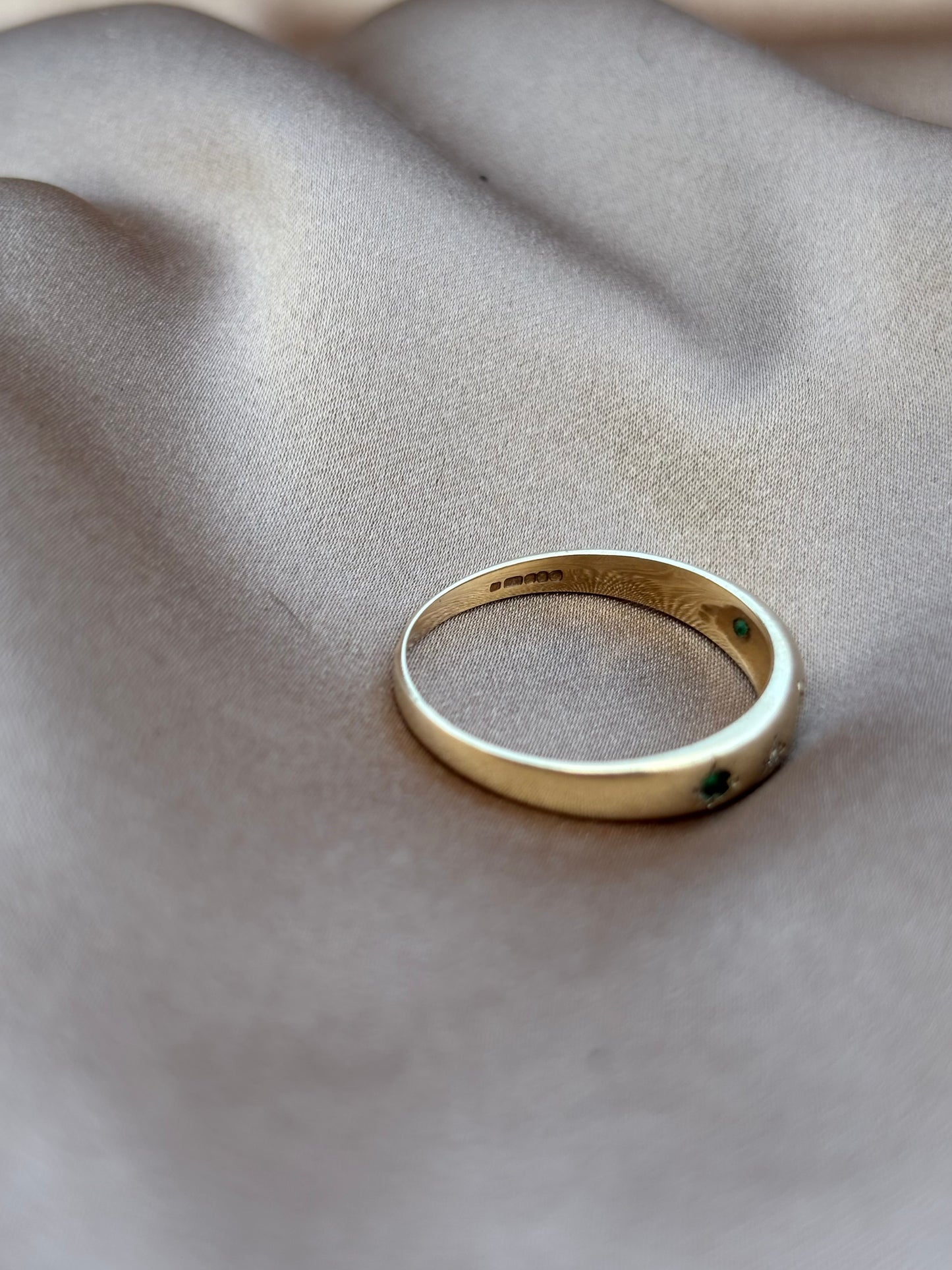 9ct Gold Five stone  Diamond and Emerald Gypsy ring