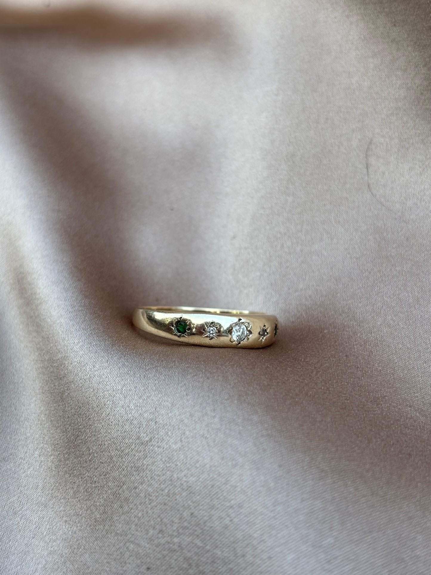 9ct Gold Five stone  Diamond and Emerald Gypsy ring