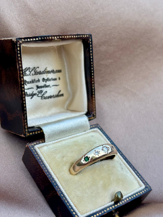 9ct Gold Five stone  Diamond and Emerald Gypsy ring