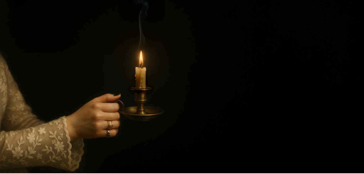 Hand holding a lit candle in a dark setting
